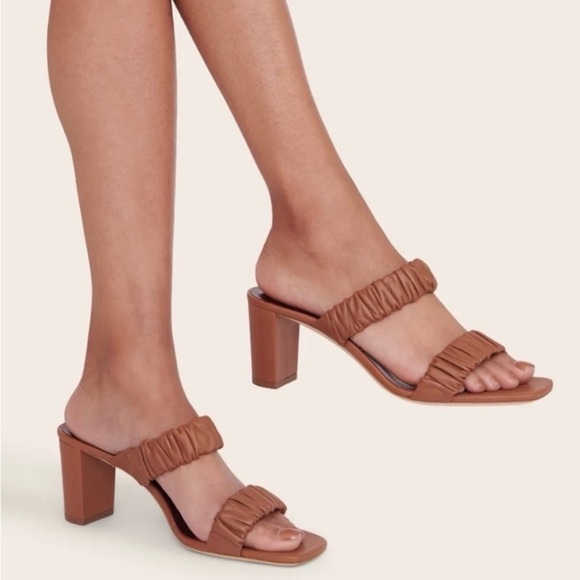 STAUD Shoes - STAUD Frankie Tan Brown Ruched Leather Block Heel Sandals Slides | 38